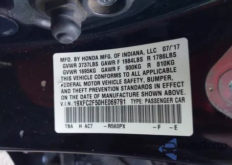 2017 Honda Civic Lx z USA, uszkodzony, nr VIN 19XFC2F50HE069791